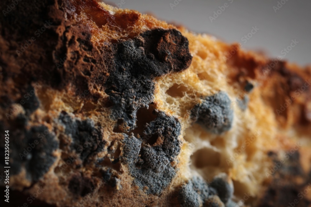 Fototapeta premium Decay and renewal seen in moldy bread textures highlighting the cycle of life in a kitchen setting