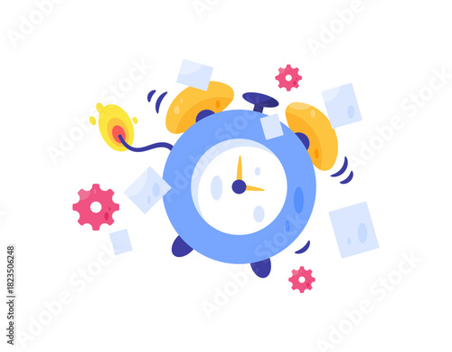 The concept of time management and deadlines. An alarm or reminder about deadlines. An illustration of a clock bomb with scattered assignment papers. Flat design style. White background.