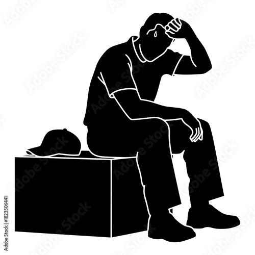 Man Seated Depressed with Hand on Head, Feeling Stress and Anxiety Over Problems