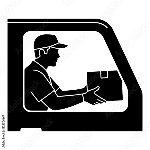Fast delivery service with driver handing package from van window, efficient shipping icon