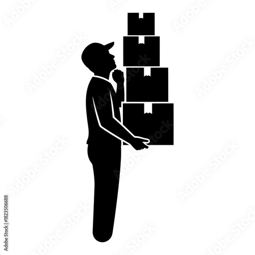 Delivery person stacking boxes, careful handling, logistics, moving services icon style
