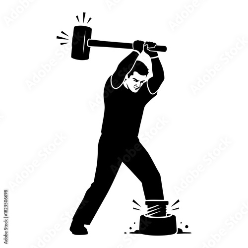 Powerful blacksmith striking anvil with hammer, forging strength and resilience concept