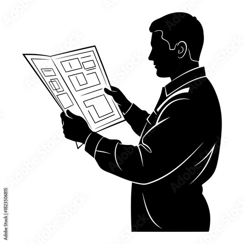 Architect reviewing blueprints for new construction project with modern design elements