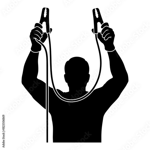 Start your engines with jumper cables held triumphantly high celebrating power restored