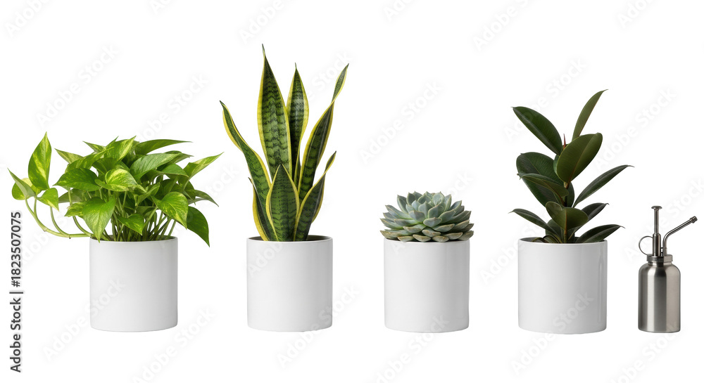 Obraz premium Four distinct houseplants (pothos, snake, succulent, ficus) in white pots, with a silver mister, on a seamless transparent background, clean commercial product display concept