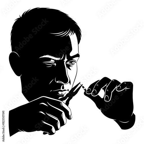 Focused man repairing electronics with precision, troubleshooting, and problem solving