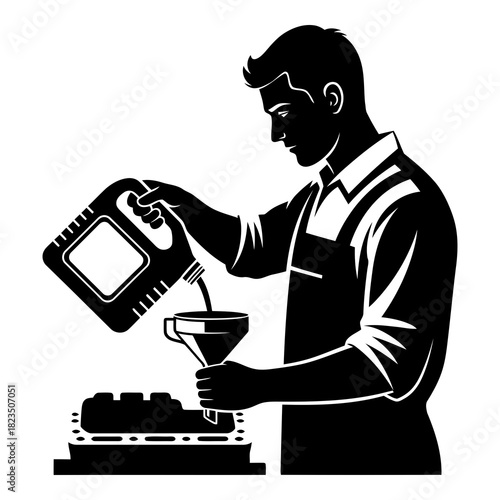 Mechanic expertly pouring fresh oil into engine for vehicle maintenance and optimal performance