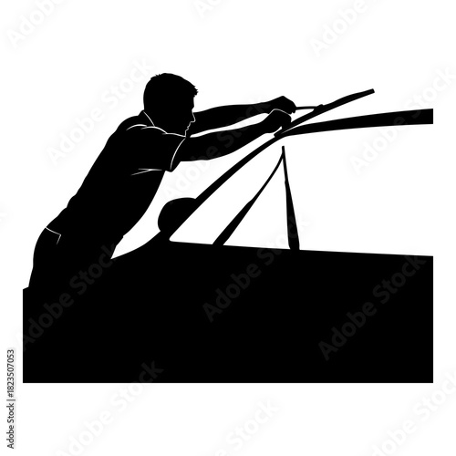 Dynamic billiards player aiming shot with cue stick on pool table for sports design