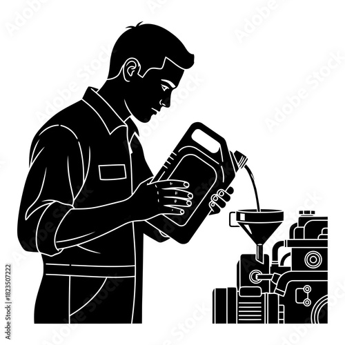 Mechanic adding oil to engine during maintenance for car care or automotive repair