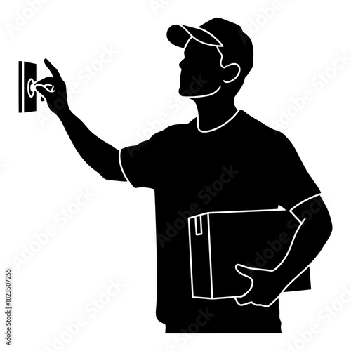 Delivery person rings doorbell with package ready for customer receiving online purchase