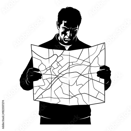 Man intensely studies a complex map, seeking direction and navigation for his journey