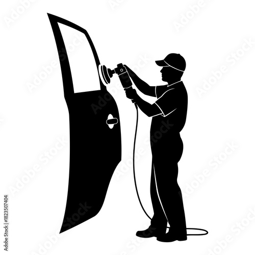 Auto body repair technician expertly polishing car door with modern equipment in garage