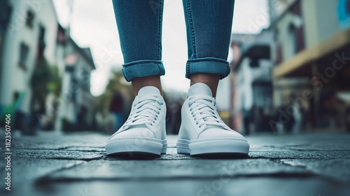 Low-Angle Street View of White Sneakers on Urban Pavement — concept of street lifestyle. 