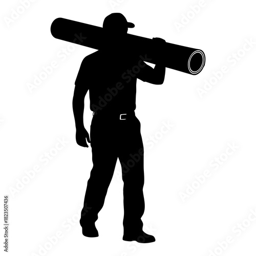 Silhouette of a Construction Worker Carrying Pipe - Skilled Tradesman Delivering Materials
