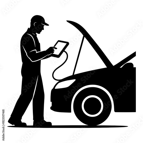 Expert mechanic diagnosing car engine with tablet computer, modern automotive repair service