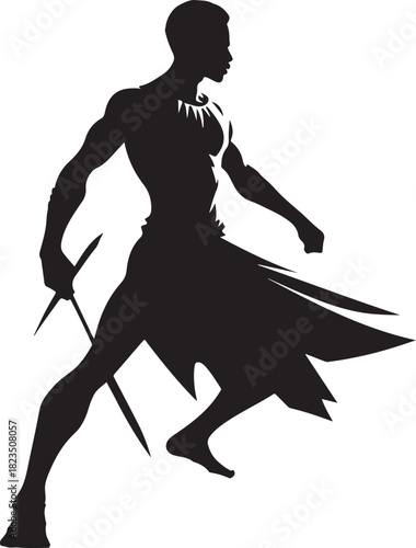 This image is a black silhouette of an African warrior figure standing in a fighting pose.