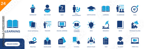 Learning icon. Including self study, online learning, teacher, book, knowledge, education. Solid vector icon set.