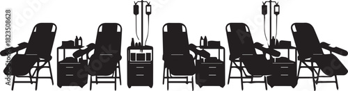 Medical chairs with iv stands arranged in a symmetrical pattern for healthcare or donation settings