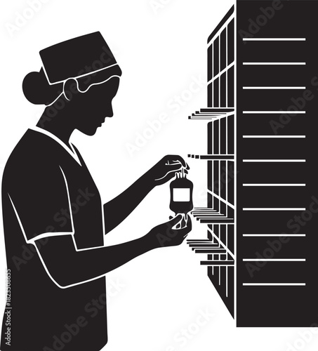 Nurse silhouette examining medical vial in storage cabinet healthcare professional working in hospital setting