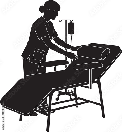 Medical professional preparing blood donation bed with iv drip for patient care