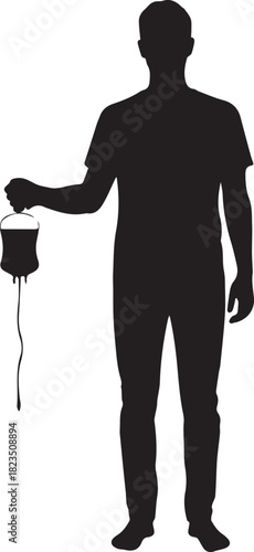 Silhouette of a man holding a medical iv bag with a dropping fluid medical concept