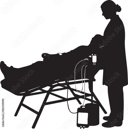 Medical silhouette of nurse caring for patient on stretcher with iv drip