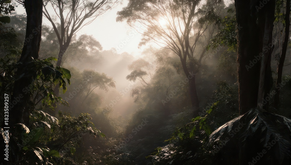 Obraz premium Sunlight filtering through a dense, misty jungle canopy, creating a serene and ethereal atmosphere in the tropical forest.
