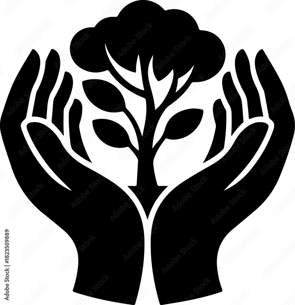 Obraz premium Hands Holding a Tree silhouette vector illustration