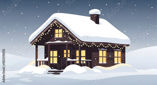 Charming snow covered cabin glows warmly, inviting escape into winter wonderland, perfect for holiday cards, seasonal designs, and cozy home promotions