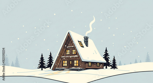 Cozy A-Frame cabin nestled in snowy winter wonderland, smoke gently rising from chimney, evoking warmth and inviting escape for holiday season