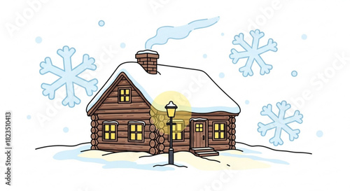 Charming winter cabin scene with falling snowflakes and warm glowing windows, perfect for holiday cards and cozy winter designs, originally a vector graphic