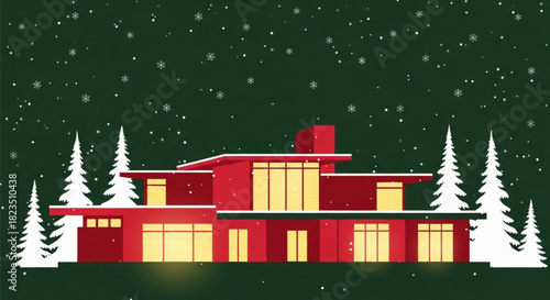 Stunning modern home glows warmly amidst falling snow, a peaceful winter scene perfect for holiday greetings and seasonal designs with architectural elegance