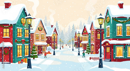 Festive winter wonderland: A charming snow-covered village scene with cozy homes, Christmas decorations, and a peaceful holiday atmosphere awaits you
