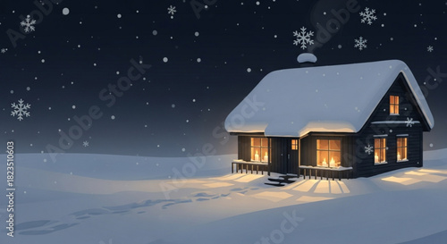 Cozy winter cabin glowing warmly amid falling snow, a peaceful Christmas scene evoking holiday cheer and serene relaxation in a snow-covered landscape