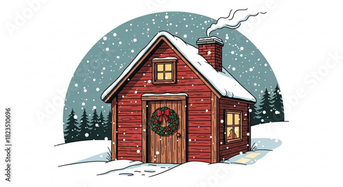 Charming winter cabin retreat with snowy roof and festive wreath, smoke rising, a peaceful holiday scene, originally a vector graphic, perfect for seasonal greetings