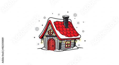 Charming winter cottage with red roof and festive string lights brings holiday cheer, perfect for greeting cards, invitations, and seasonal designs