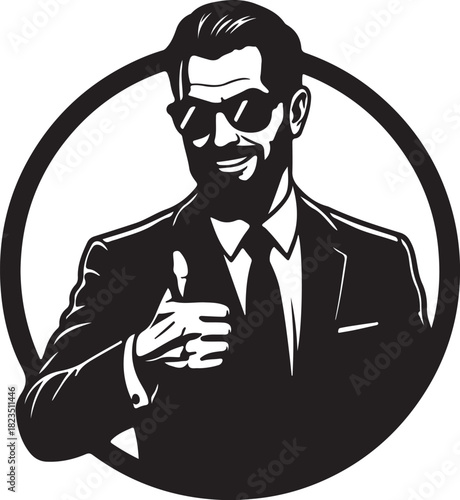 Black Silhouette of a Smiling Man in Sunglasses and Suit Giving Thumbs Up businessman on transparent background