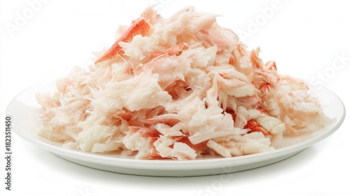 Fresh crab meat isolated on white plate. Generative AI
