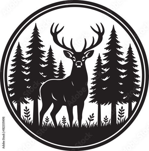 Black silhouette of a stag in a forest scene within a circle deer antlers on transparent background