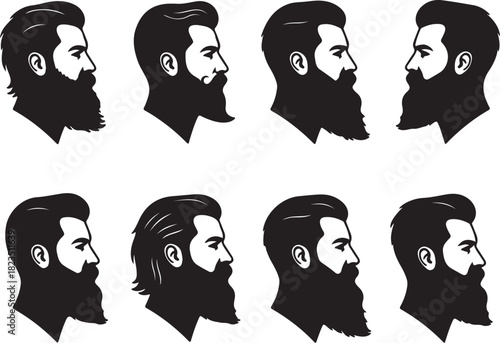 Collection of Eight Bearded Man Profile Silhouettes with Varied Hairstyles vector illustration on transparent background