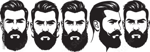 Five Black Silhouette Male Faces with Beards and Stylish Hair on White Background mustache hairstyle on transparent background