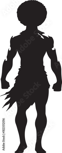 This is an illustration of a silhouette of an African warrior standing. The figure is wearing what appears to be a grass skirt.