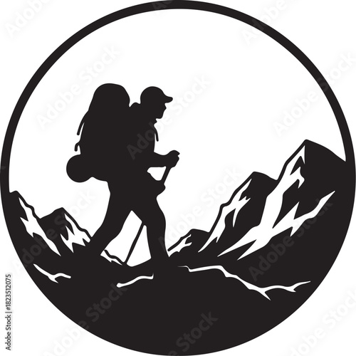 Silhouette of Hiker with Backpack in Mountains backpacker climbing on transparent background