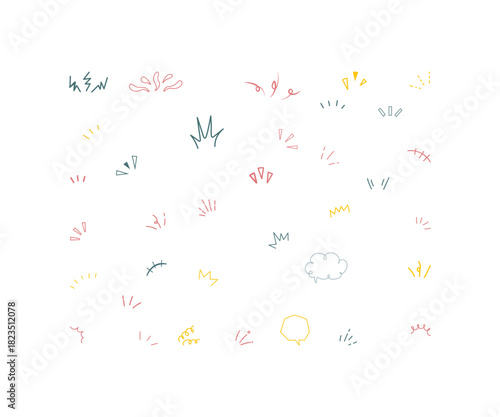 Vibrant colorful notice with a collection of expressive emphasis symbols, including bright surprise marks, decorative attention icons, multicolored focus shapes, and playful highlight elements for ale