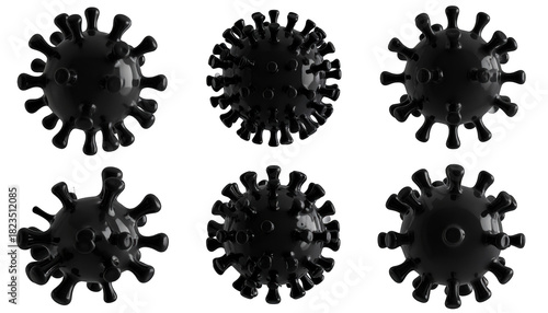 Six different views of a dark, spiky spherical biological structure against black