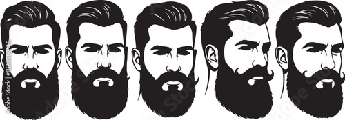 Five Bearded Men Silhouettes with Different Beard Styles and Hairstyles Keywords: beard, man, men, male, face, head, silhouette, illustration, graphic, design, style, on transparent background