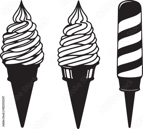 Three ice cream cones in a row, two soft serve and one striped swirl on transparent background