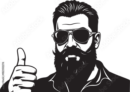 Bearded Man with Sunglasses Giving a Thumbs Up Gesture Keywords: man, beard, thumbs up, gesture, sunglasses, aviator, male, facial hair, approval, success, positive, happy, on transparent background