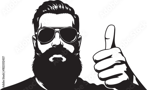 Close-up portrait of a bearded man wearing sunglasses and giving a thumbs up gesture Keywords: man, beard, bearded, sunglasses, aviator, thumbs up, gesture, approval, cool, on transparent background