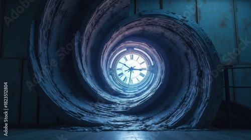 Surreal swirling vortex tunnel leading to a glowing clock face
